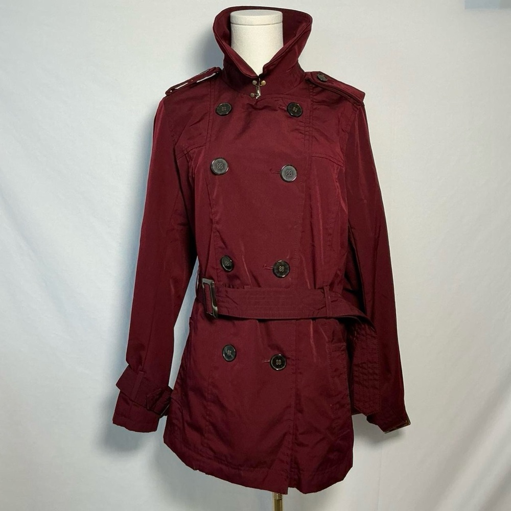 Worthington red button up collared trench coat sz large preppy minimal